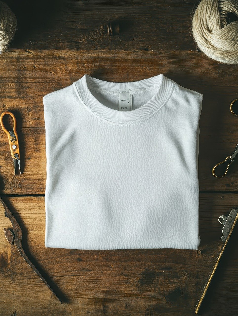 gallery-01 t-shirt, white t-shirt, t-shirt mockup, mockup, clothing, fashion, design, print on demand, merch, print template, t shirt template, casual, folding technique, wooden surface, atelier, craft, textile, material, creativity